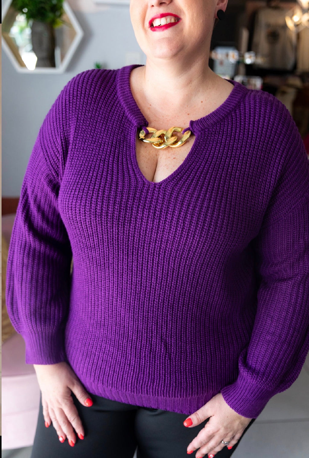 Purple-Keyhole-Ribbed-Knit-Jersey-Gold-Chunky-Chain-side