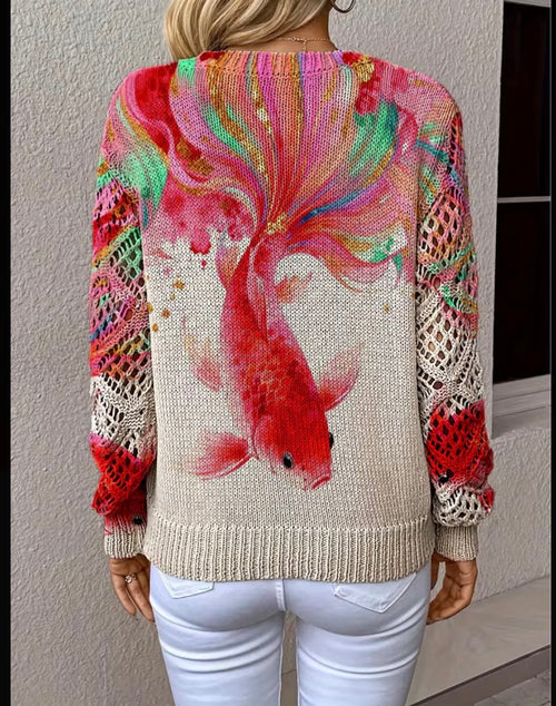Red-Multi-Abstract-Koi-Print-Knit-Jersey-back
