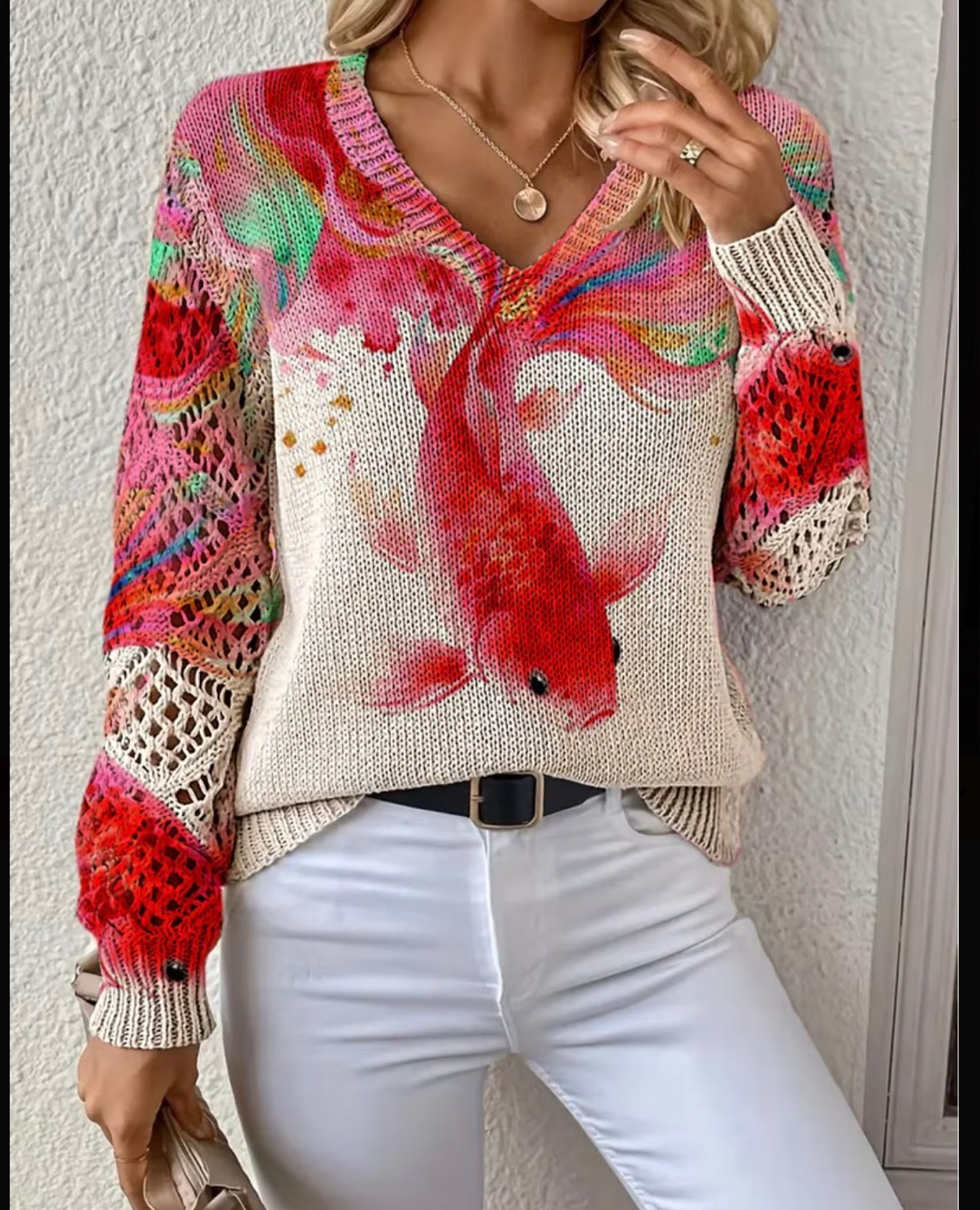 Red-Multi-Abstract-Koi-Print-Knit-Jersey-front-detail