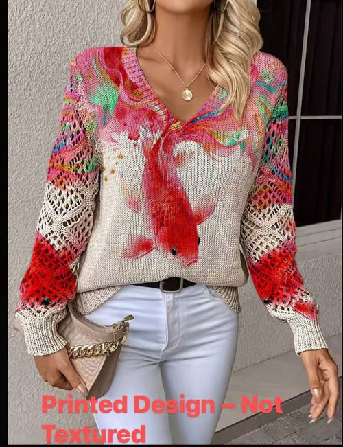 Red-Multi-Abstract-Koi-Print-Knit-Jersey-front