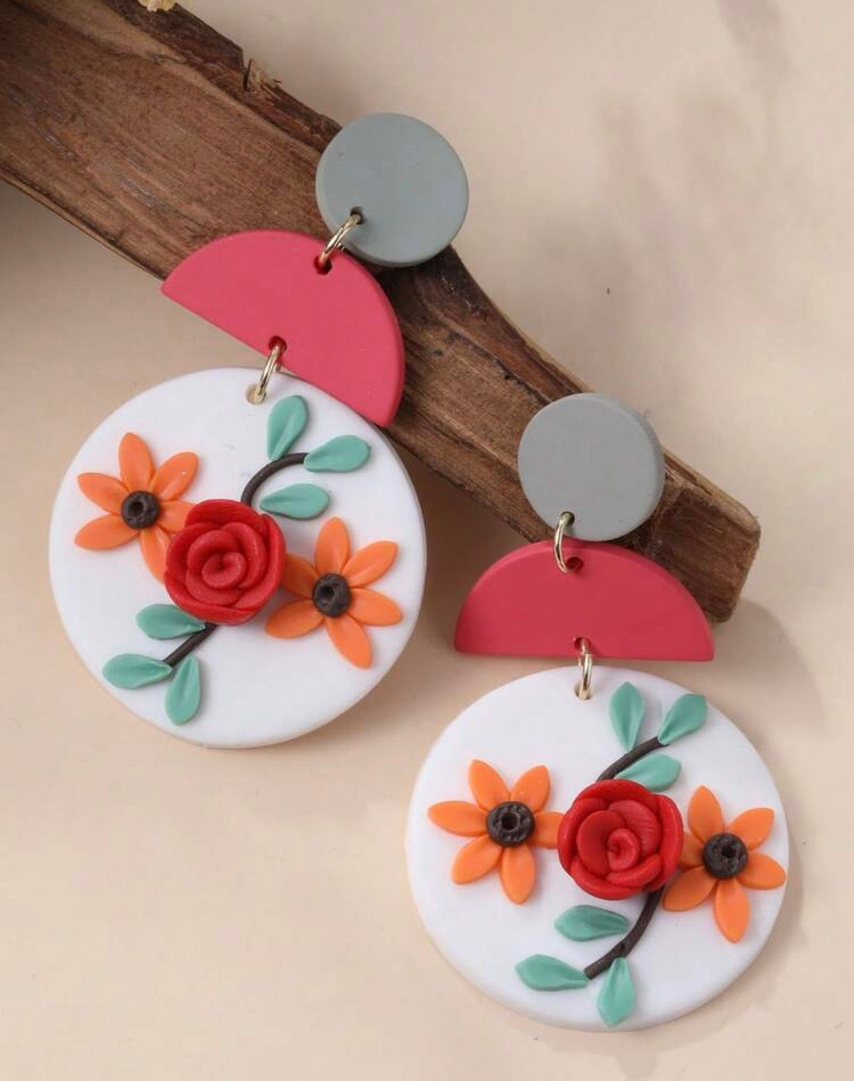 Red-Orange-Floral-Bloom-Statement-Earrings-front