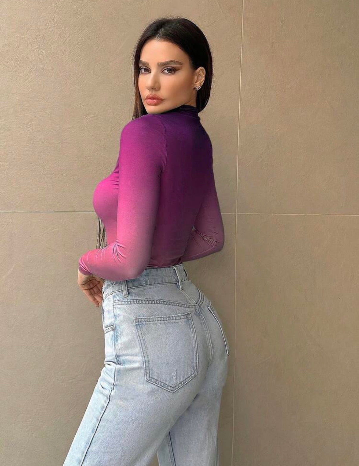 Red-Violet-Stand-Collar-Ombre-Bodysuit-Side