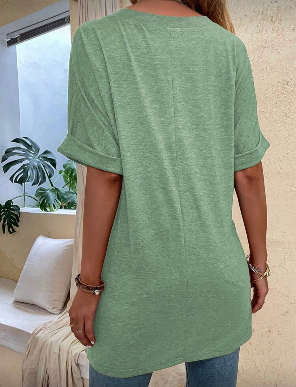 Relaxed-V-Neck-Long-length-T-Shirt–Sage-Green-back