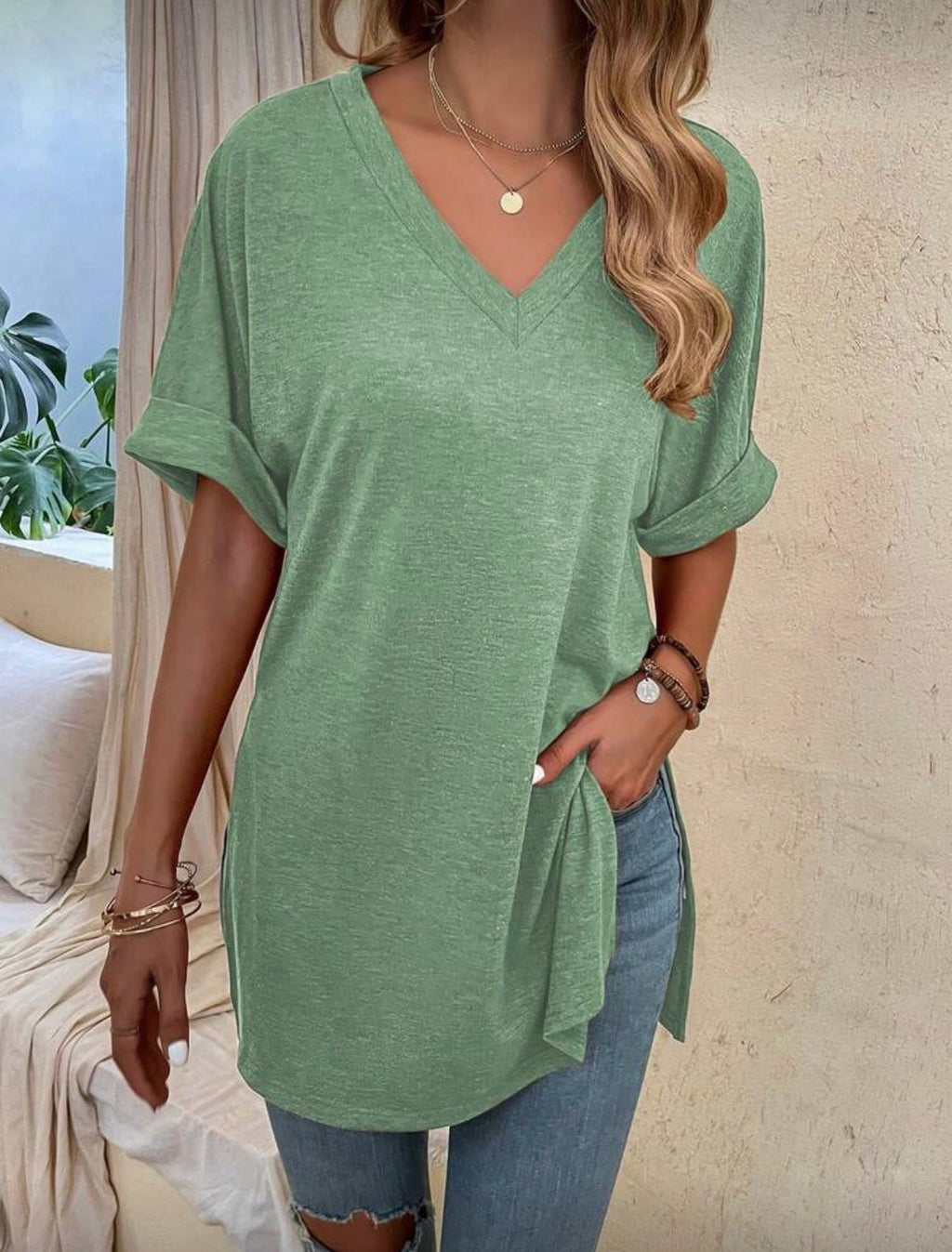 Relaxed-V-Neck-Long-length-T-Shirt–Sage-Green-front