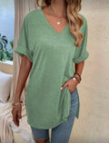 Relaxed-V-Neck-Long-length-T-Shirt–Sage-Green-front