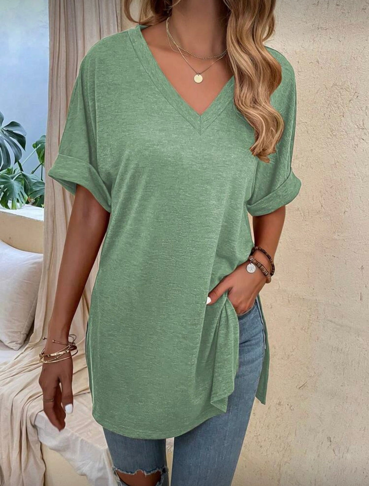 Relaxed-V-Neck-Long-length-T-Shirt–Sage-Green-front