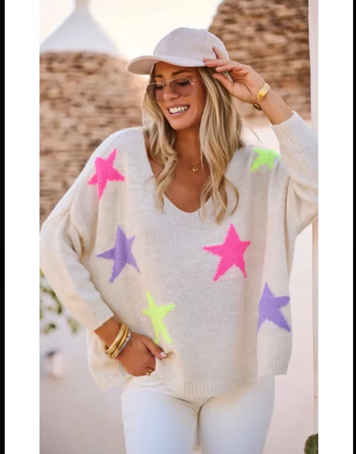 Retro-White-Blue-Pink-Yellow-Neon-Star-Oversized-Knit-Jersey-front-detail