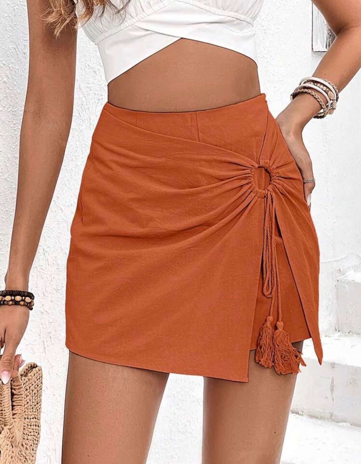 Rust-Brown-Cotton-Ring-Detail-Wrap-Skort-front-lifestyle