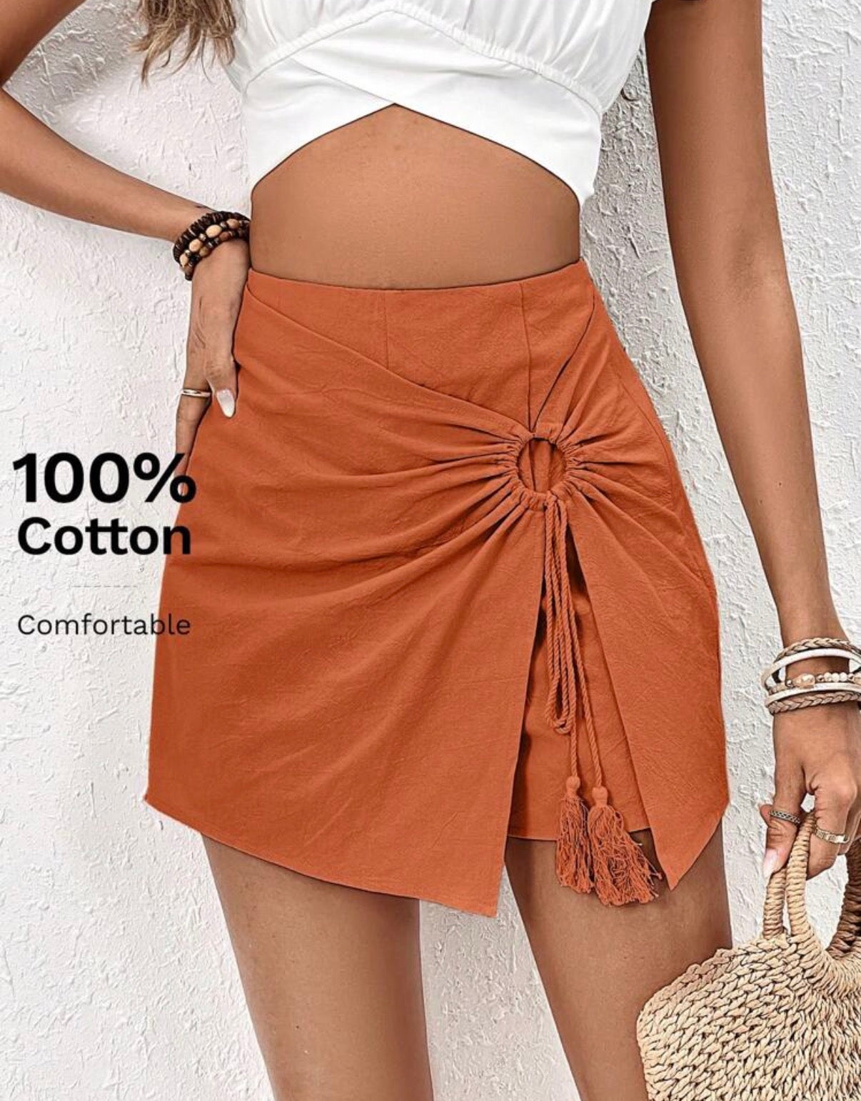 Rust-Brown-Cotton-Ring-Detail-Wrap-Skort-front