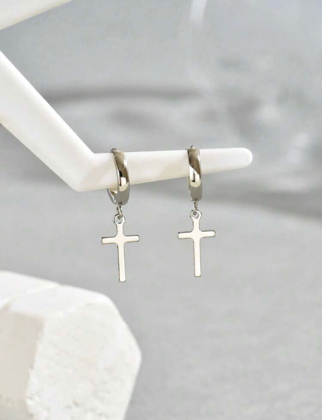 Silver-Stainless-Steel-Cross-Dangle-Earrings-set