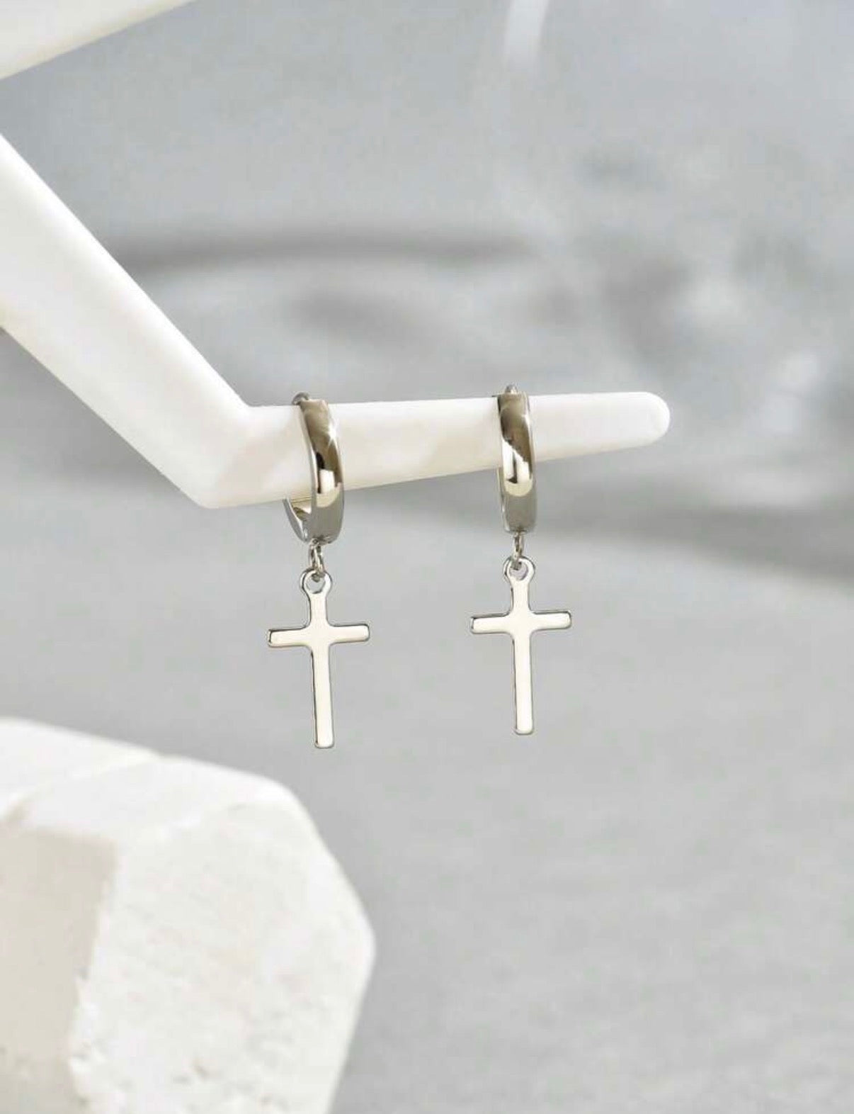 Silver-Stainless-Steel-Cross-Dangle-Earrings-set