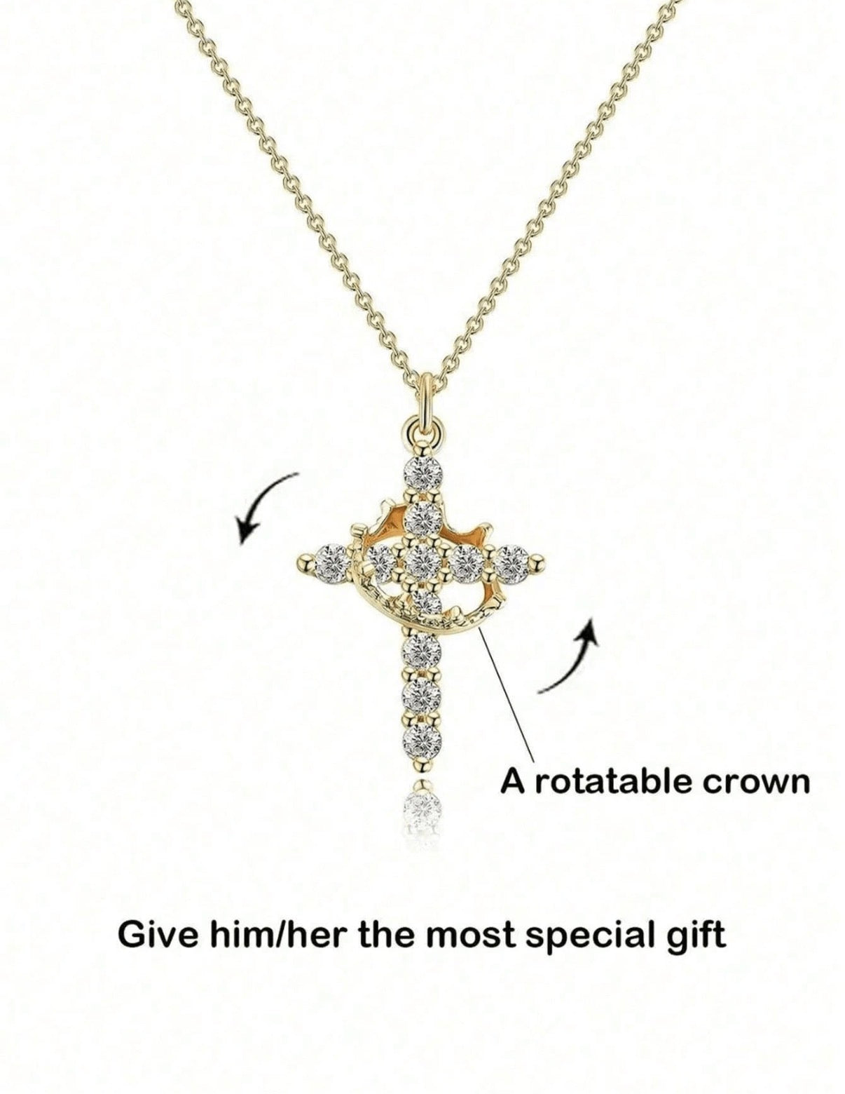 Silver-Stainless-Steel-Rotating-Crown-Cross-Necklace-front