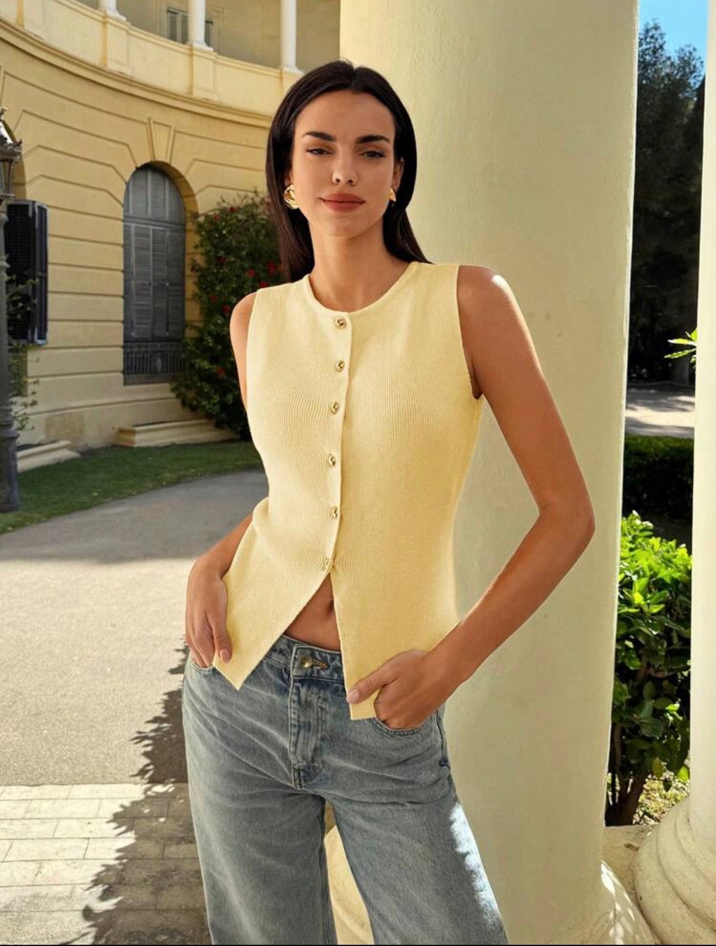 Sleeveless-Butter-Yellow-Gold-Button-Down-Knit-Top-Front-Lifestyle