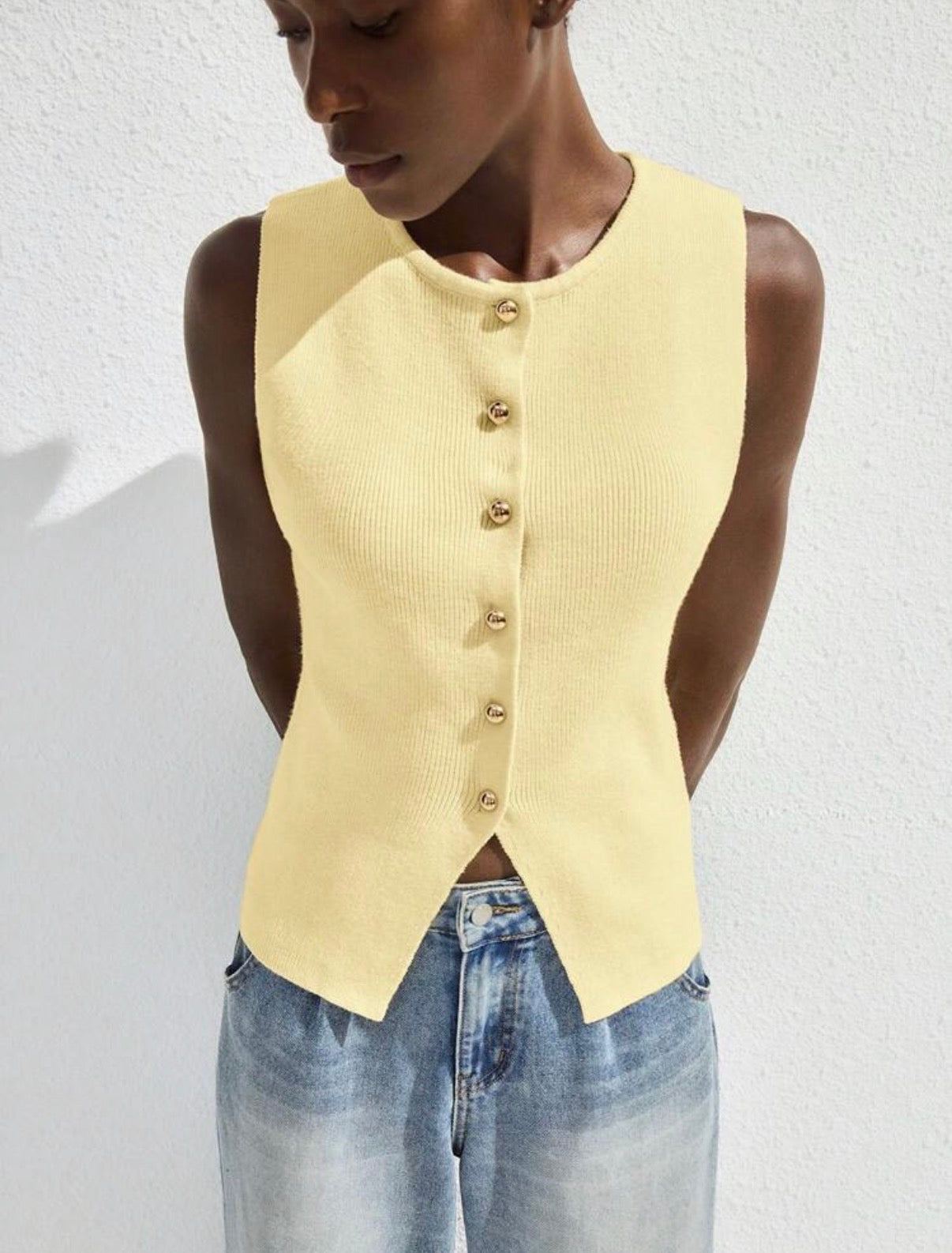 Sleeveless-Butter-Yellow-Gold-Button-Down-Knit-Top-front
