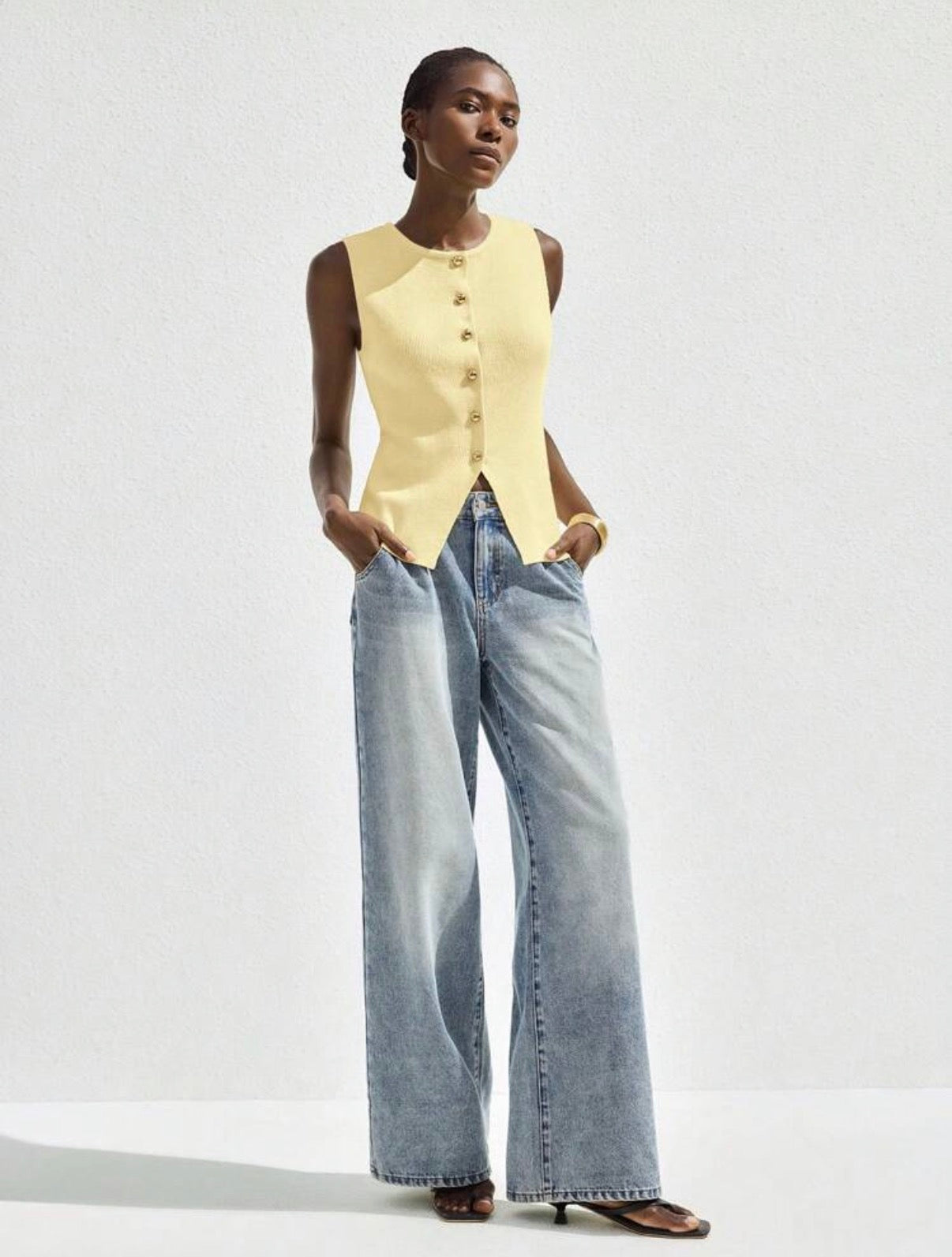 Sleeveless-Butter-Yellow-Gold-Button-Down-Knit-Top-side
