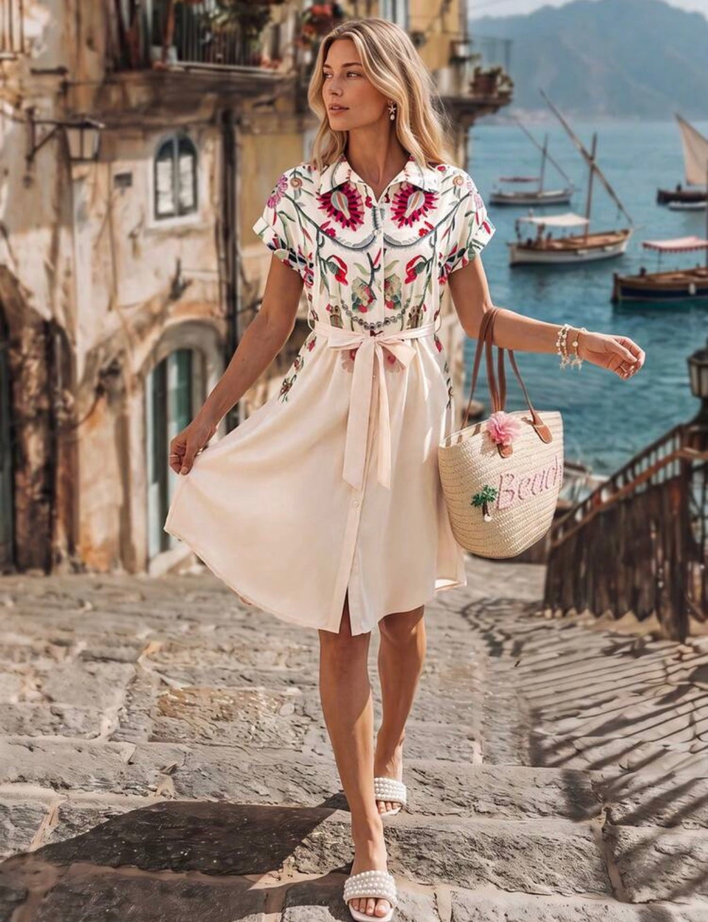 Summer-Cream-Botanical-Shirt-Dress-front-lifestyle