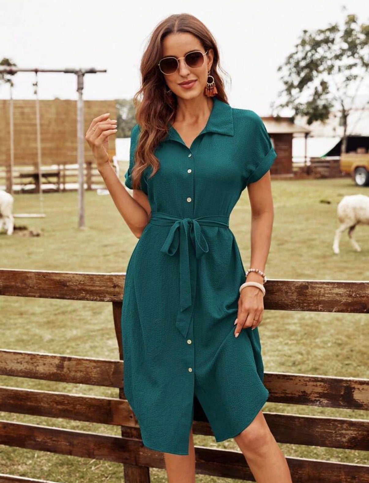 Summer-Dark-Green-Shirt-Button-down-Dress-front-lifestyle