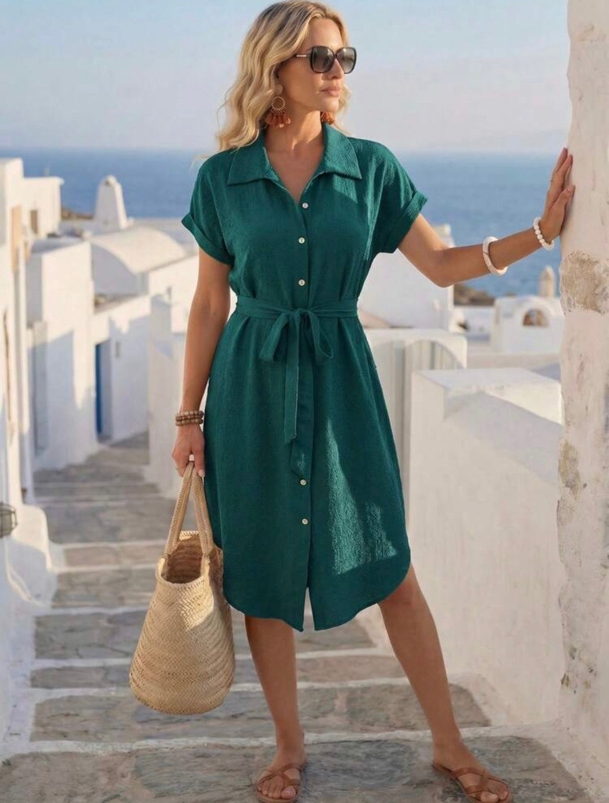 Summer-Dark-Green-Shirt-Button-down-Dress-front