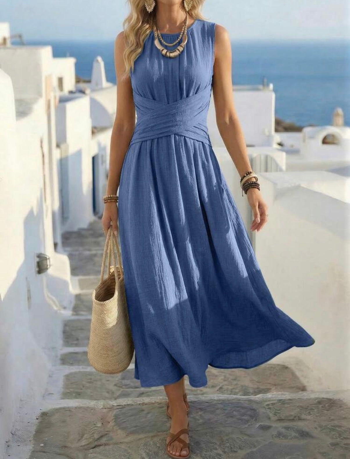 Summer-Soft-Blue-Criss-Cross-Waist-Maxi-Dress-front-lifestyle