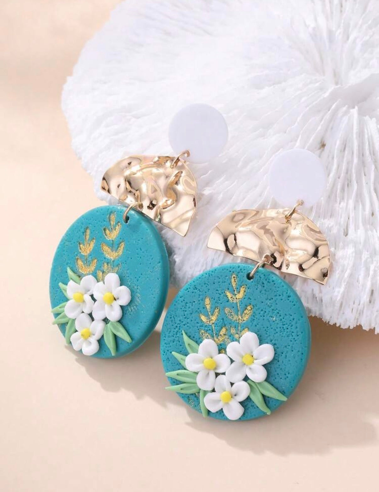 Teal-Floral-Bloom-Statement-Earrings-front