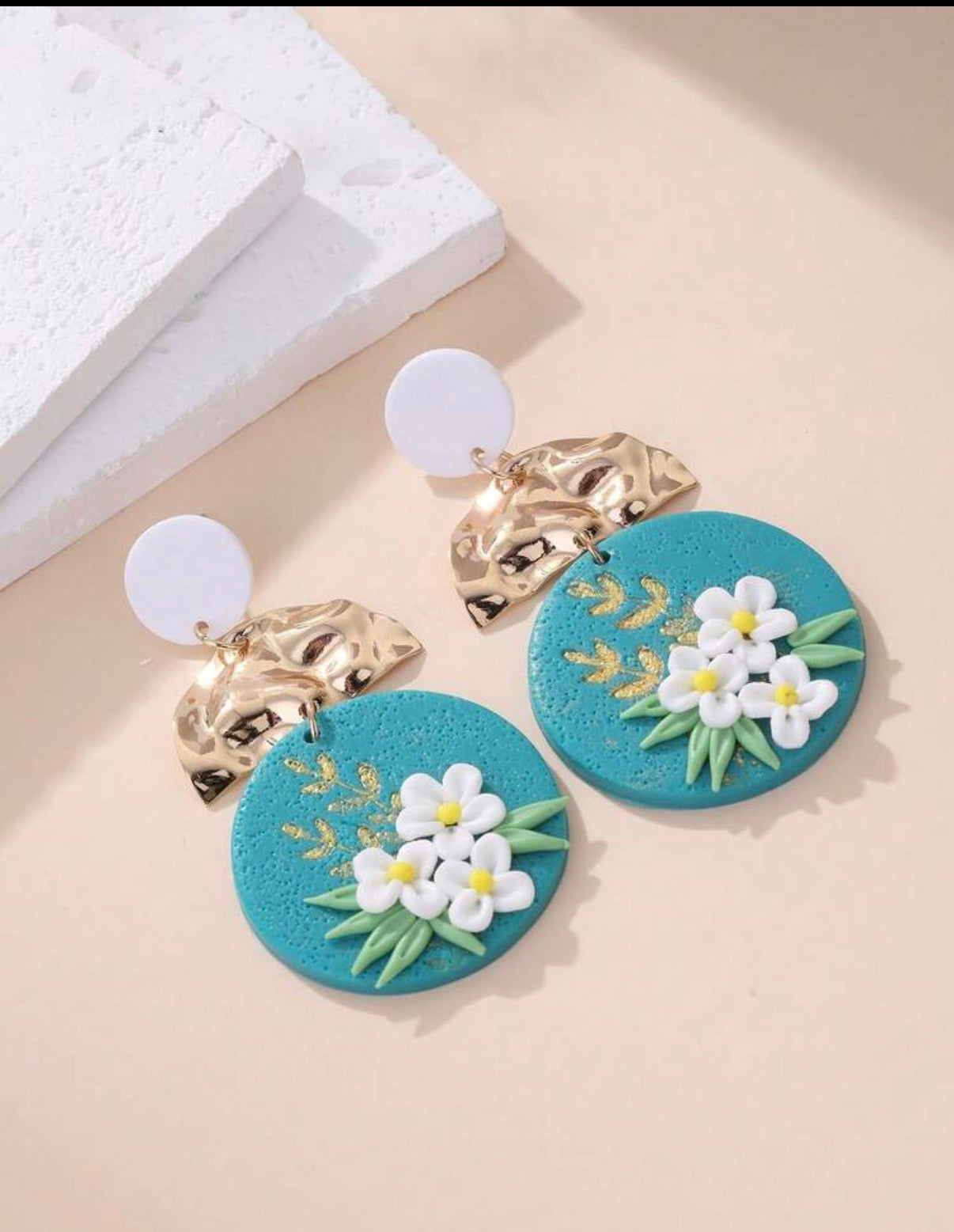 Teal-Floral-Bloom-Statement-Earrings-side