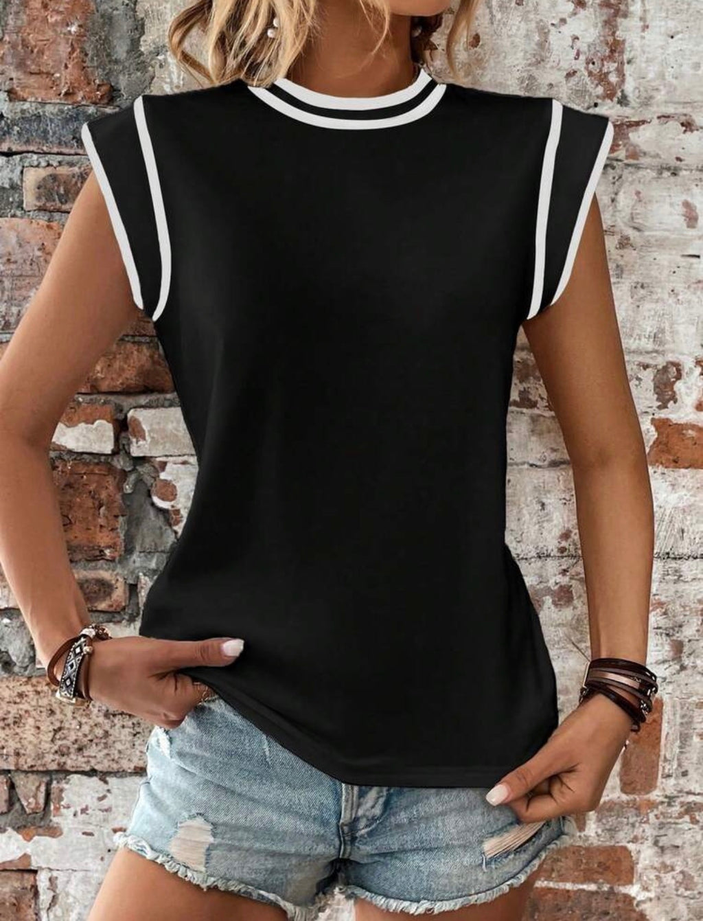 Trendy-Black-White-Cap-Sleeve-Contrast-Top-T-Shirt-front-lifestyle