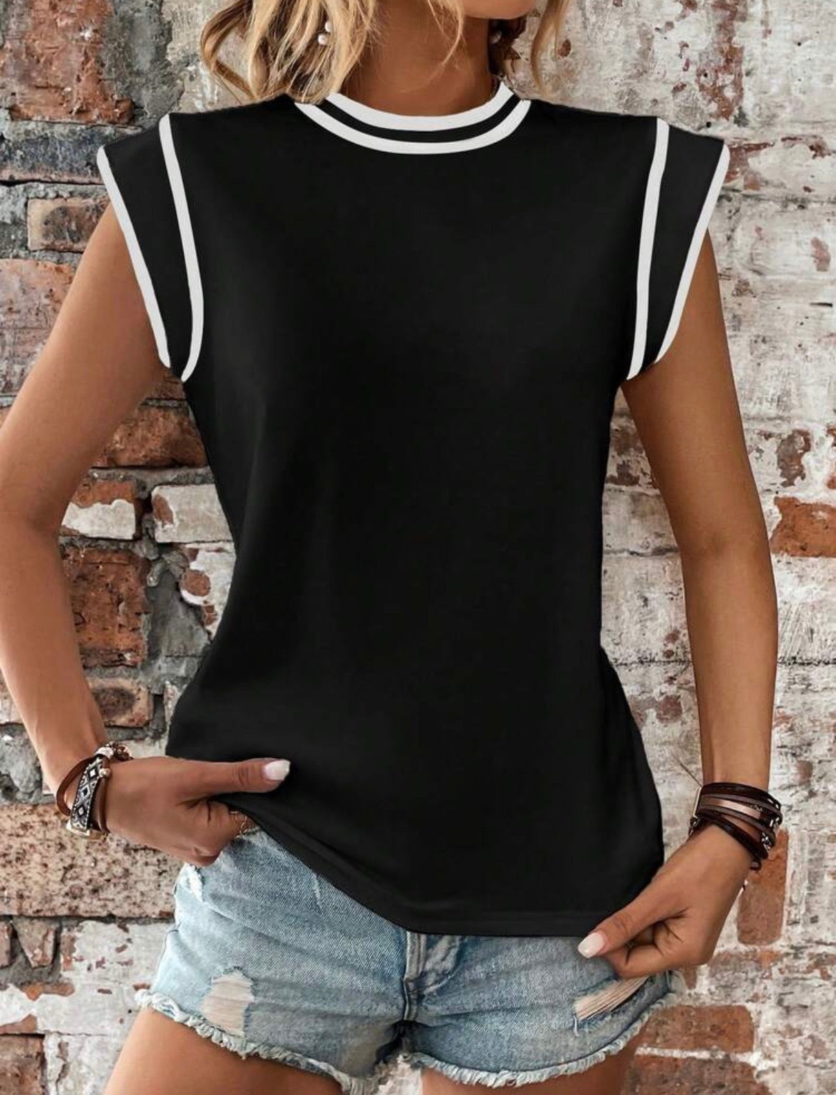 Trendy-Black-White-Cap-Sleeve-Contrast-Top-T-Shirt-front-lifestyle