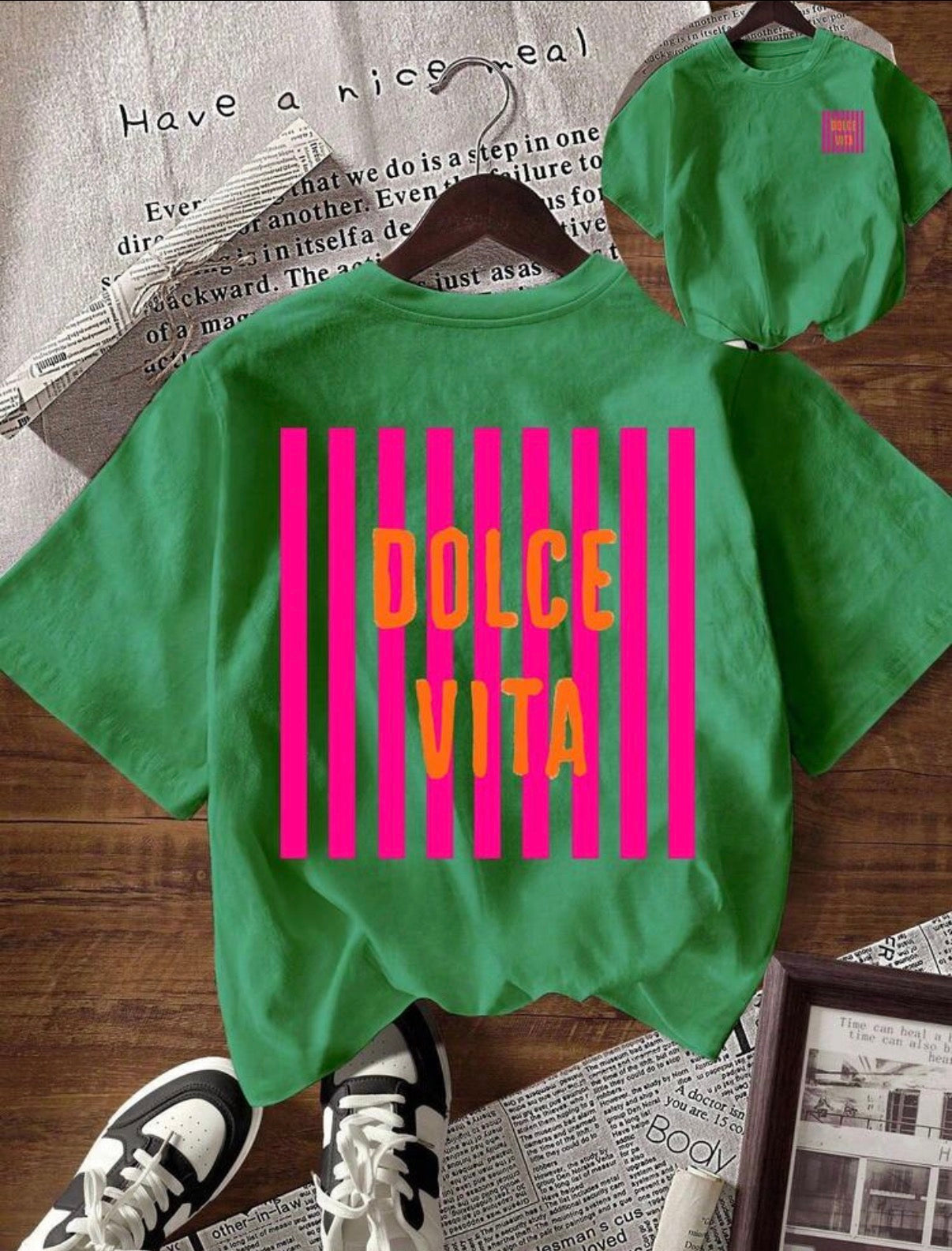 Vibrant-Green-Pink-Orange-Dolce-Vita-Graphic-T-front-back