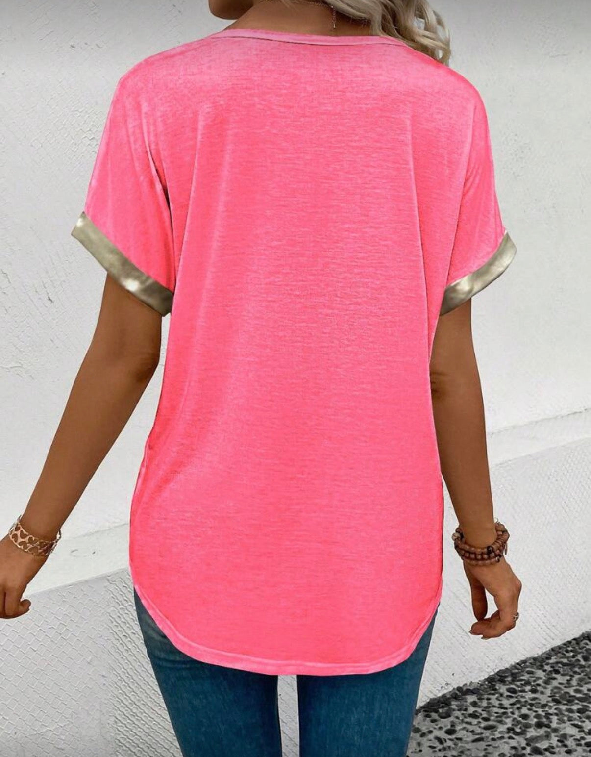 Watermelon-Pink-V-Neck-T-shirt-Silver-Trim-back