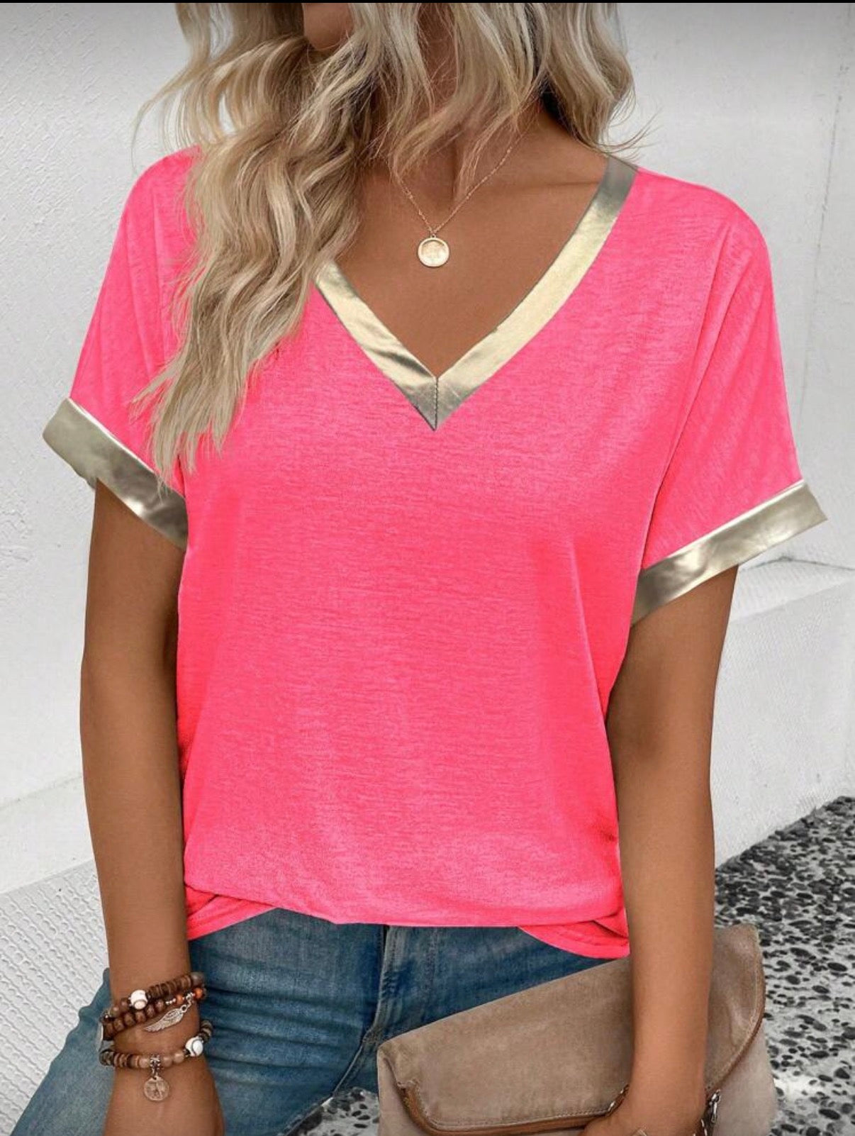 Watermelon-Pink-V-Neck-T-shirt-Silver-Trim-front