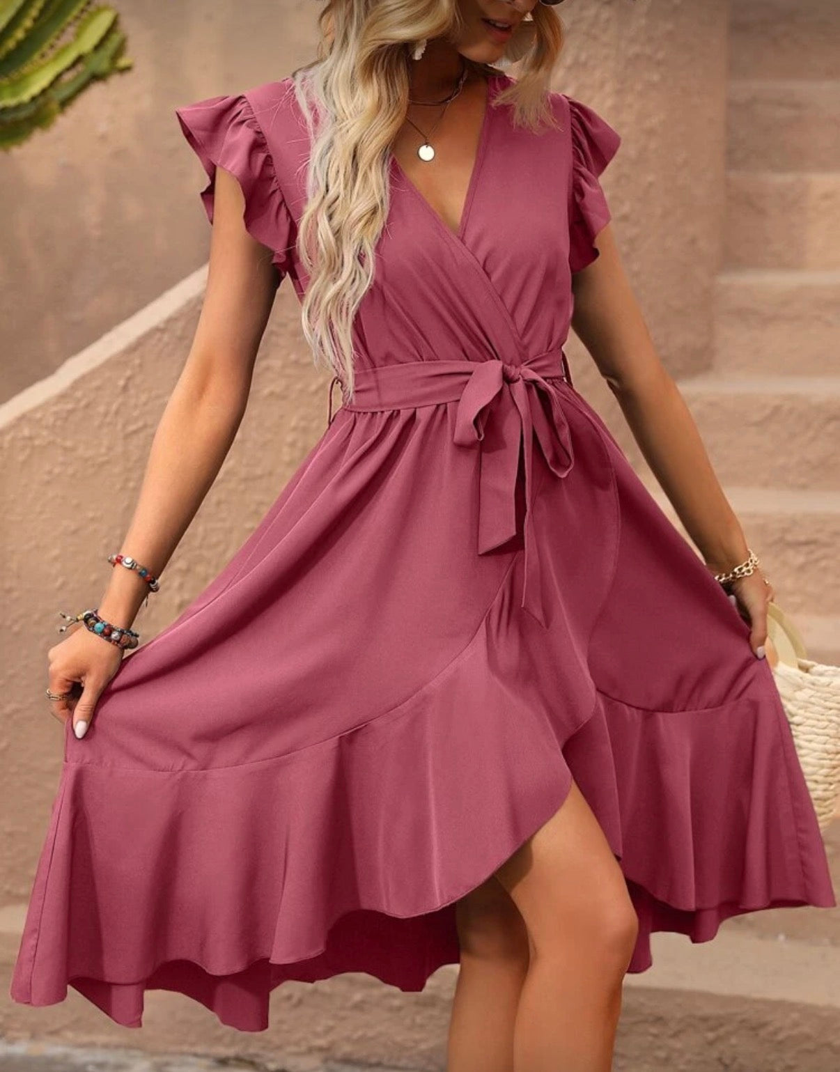 Watermelon-Pink-Wrap-Dress-front
