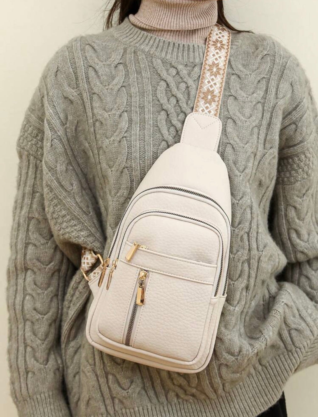 White-Aztec-Strap-Lux-Body-Sling-Bag-front-lifestyle