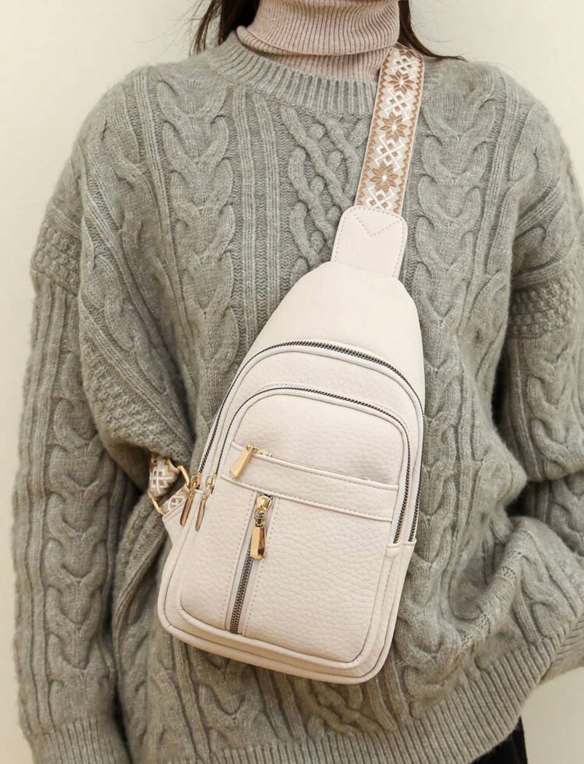 White-Aztec-Strap-Lux-Body-Sling-Bag-front-lifestyle