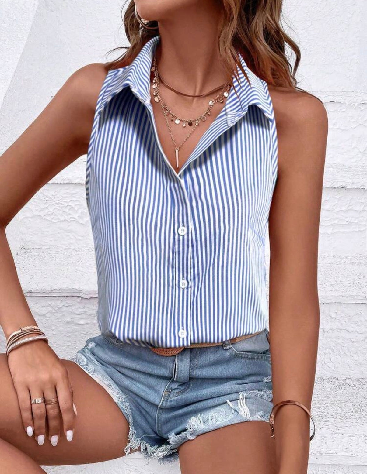 White-Blue-Stripe-Collar-Sleeveless-Shirt-front