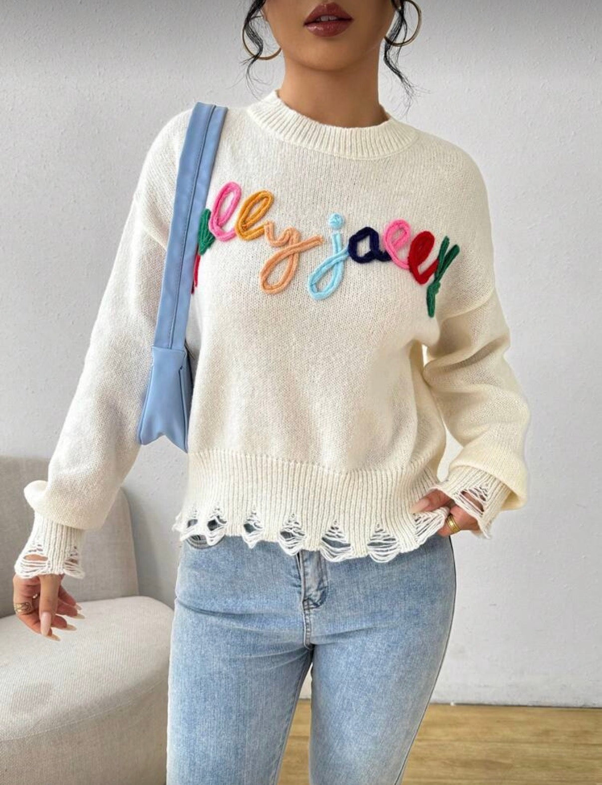 White-Multi-Letter-Pattern-Sweater-Jersey-front