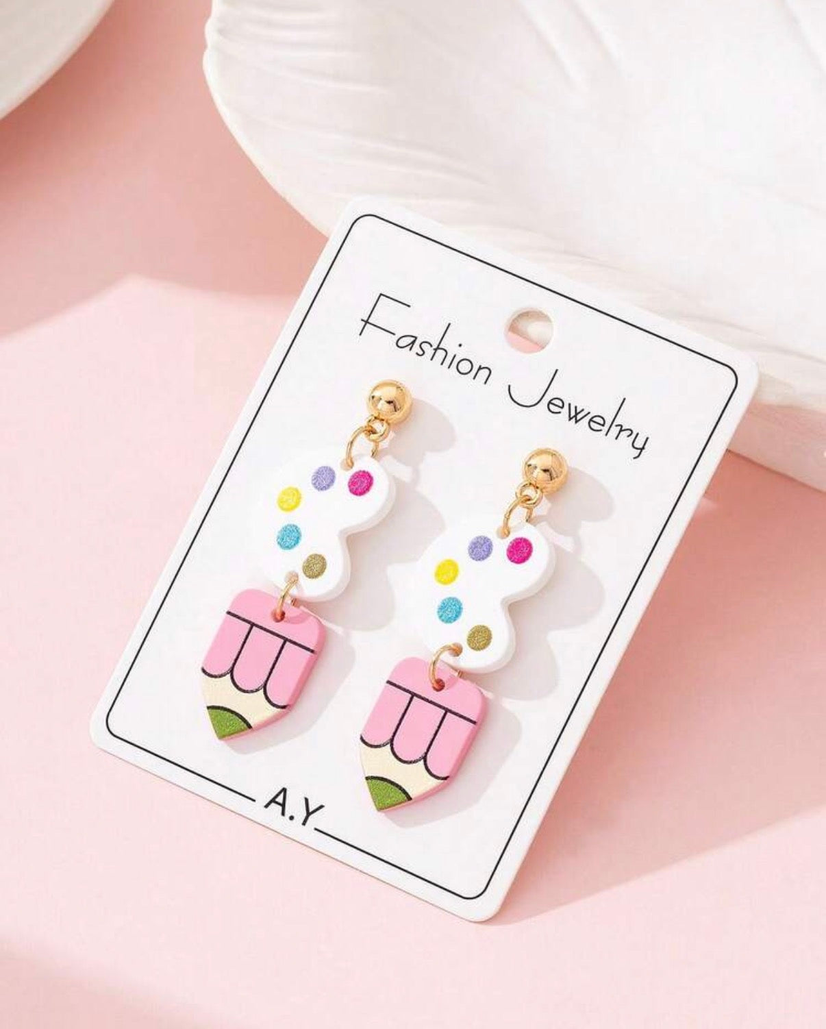 White-Pink-Artist-Palette-Pencil-Earrings-front-set