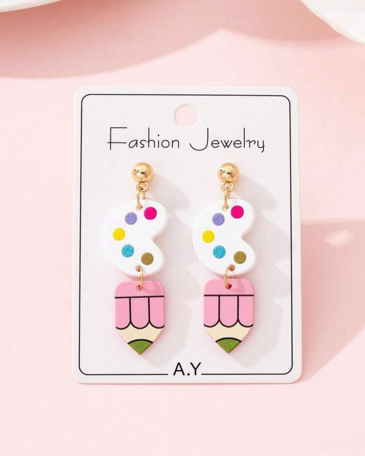 White-Pink-Artist-Palette-Pencil-Earrings-front