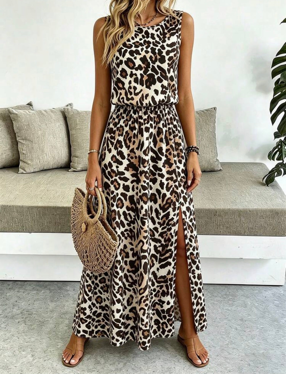 Wild-Side-Neutral-Brown-Black-Leopard-Side-Slit-Maxi-Dress-front