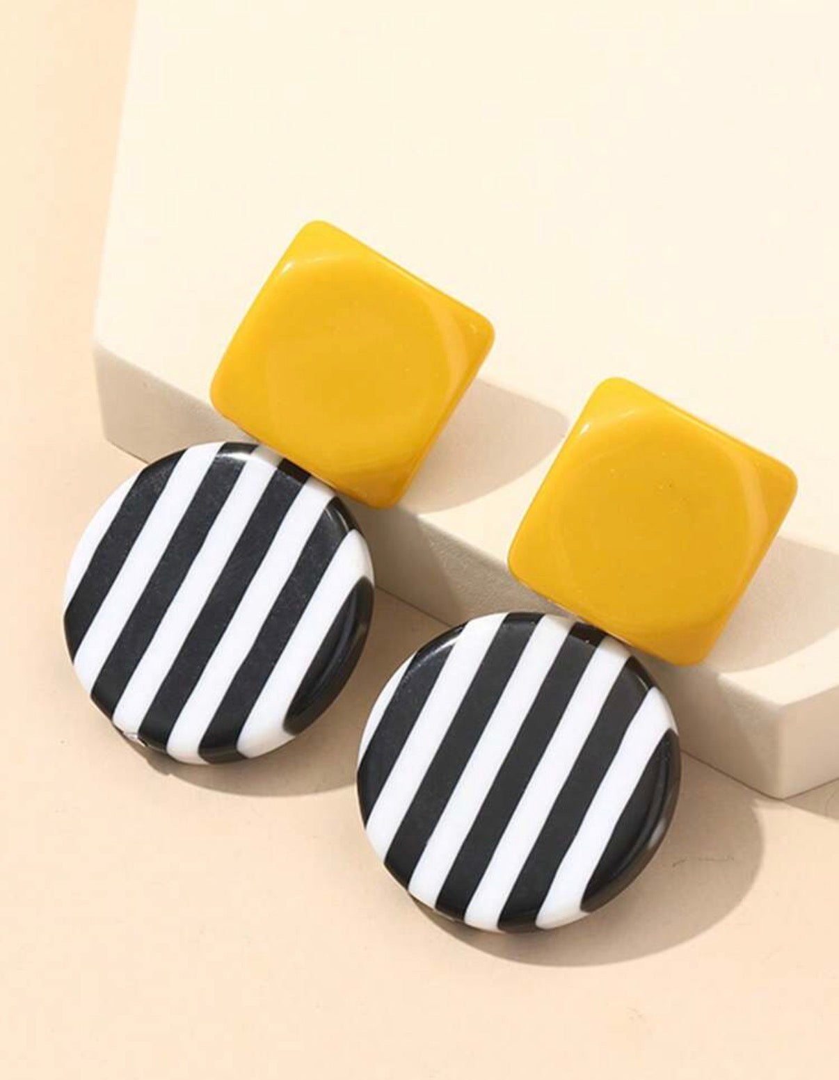Yellow-Retro-Stripe-Statement-Earrings-front
