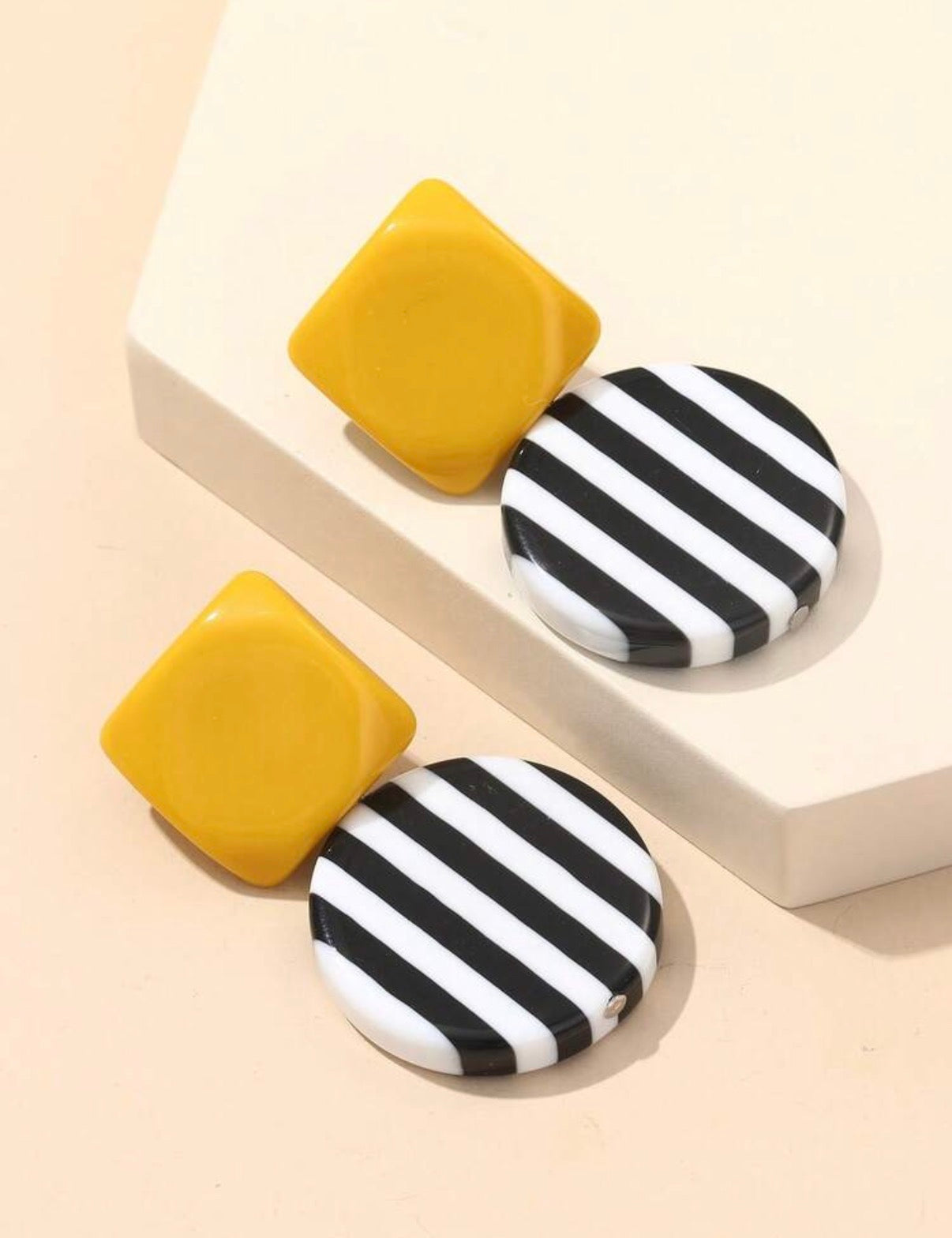 Yellow-Retro-Stripe-Statement-Earrings-side