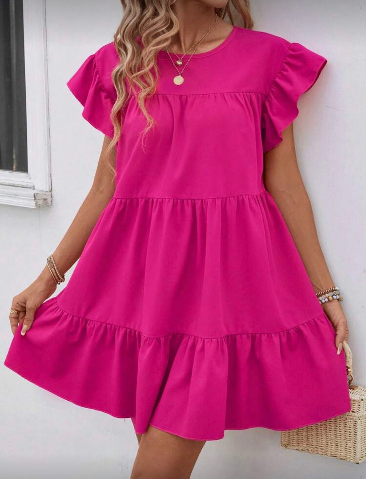 Hot-Pink-Ruffle-Sleeve-Dress-front