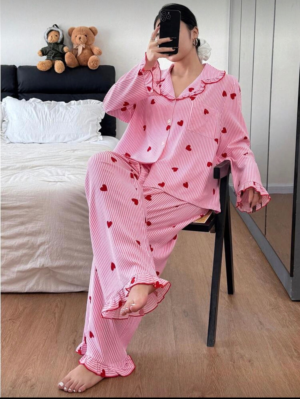 CURVE-Pink-Red-Heart-Stripe- Winter-Pajamas-set-front