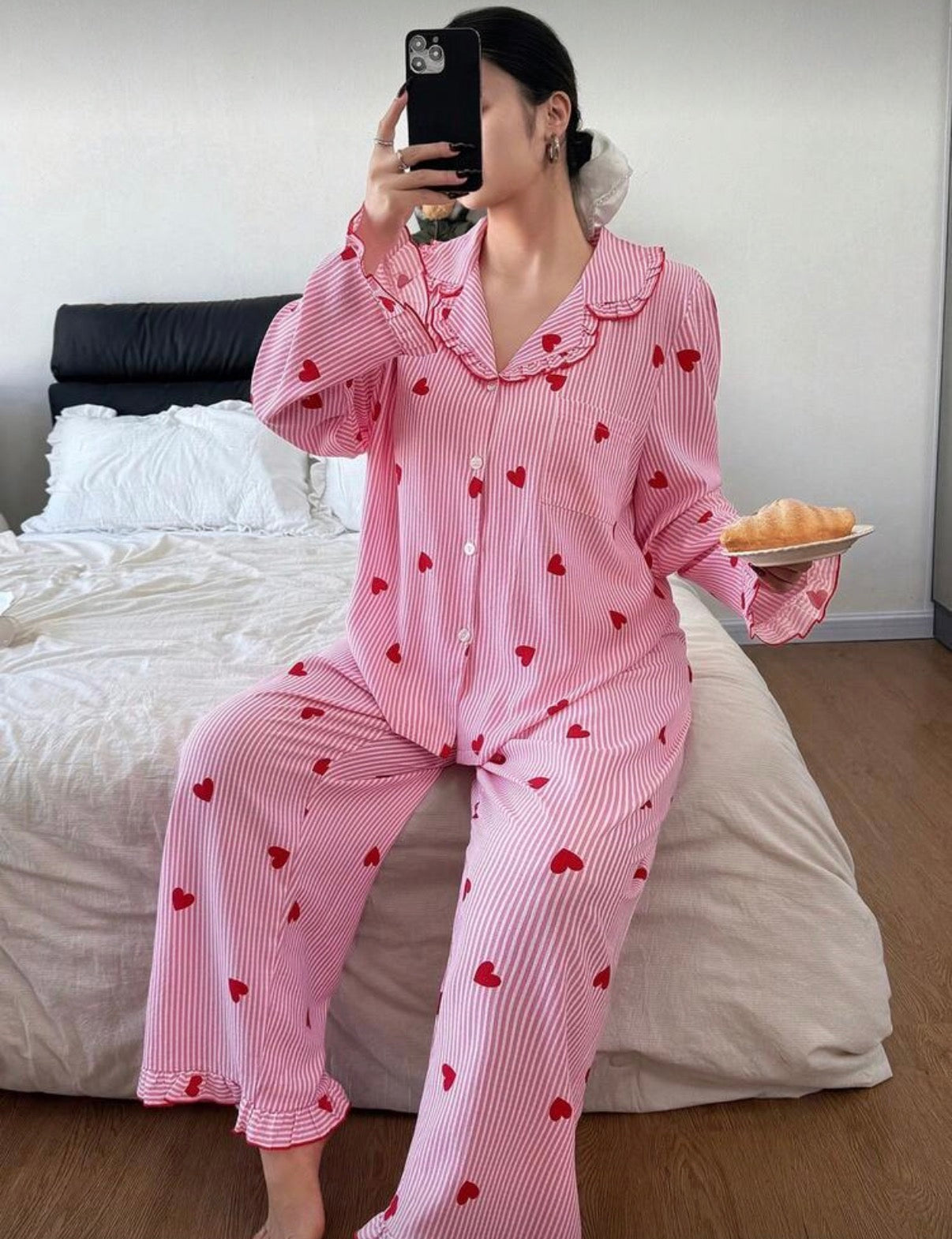 CURVE-Pink-Red-Heart-Stripe- Winter-Pajamas-set-front-lifestyle