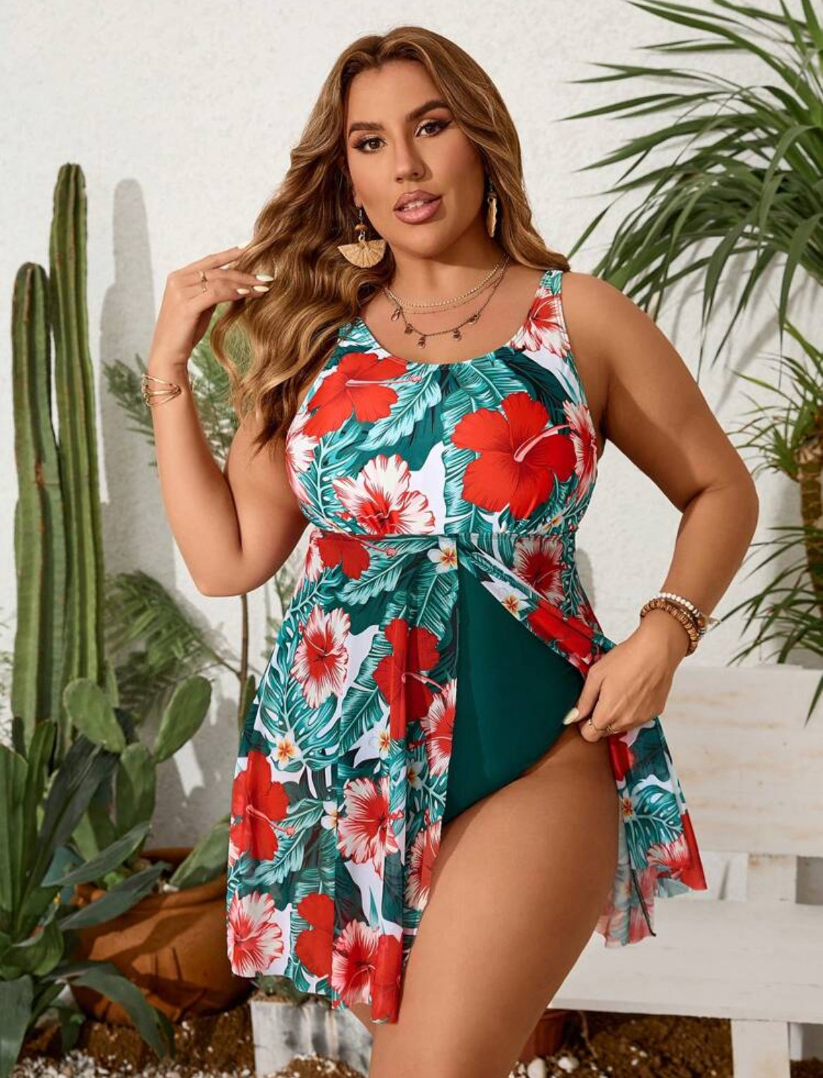 thesqueeen.com-Curve-Sleeveless-One-Piece-Swimsuit-Tropical-Print-Split-Hem-front