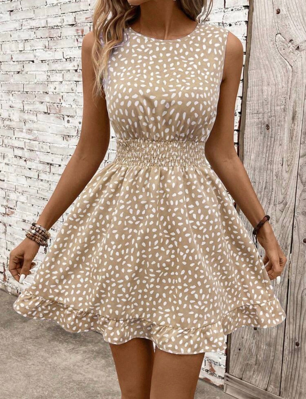 Beige-Smocked-Waist-Sleeveless-Mini-Dress-front