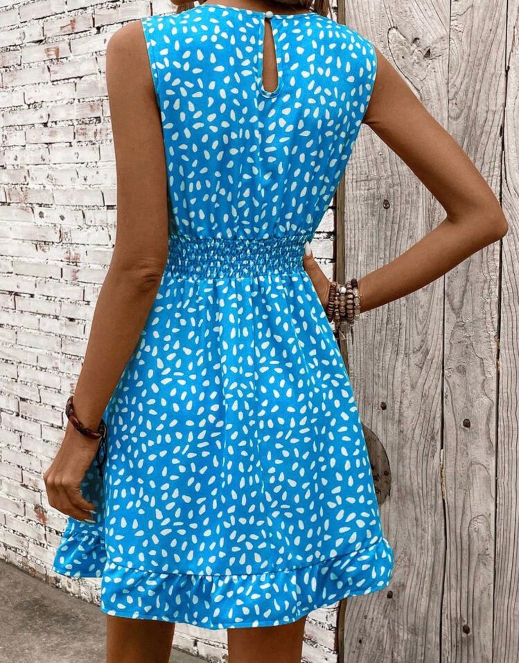 Blue-Smocked-Waist-Sleeveless-Mini-Dress-back