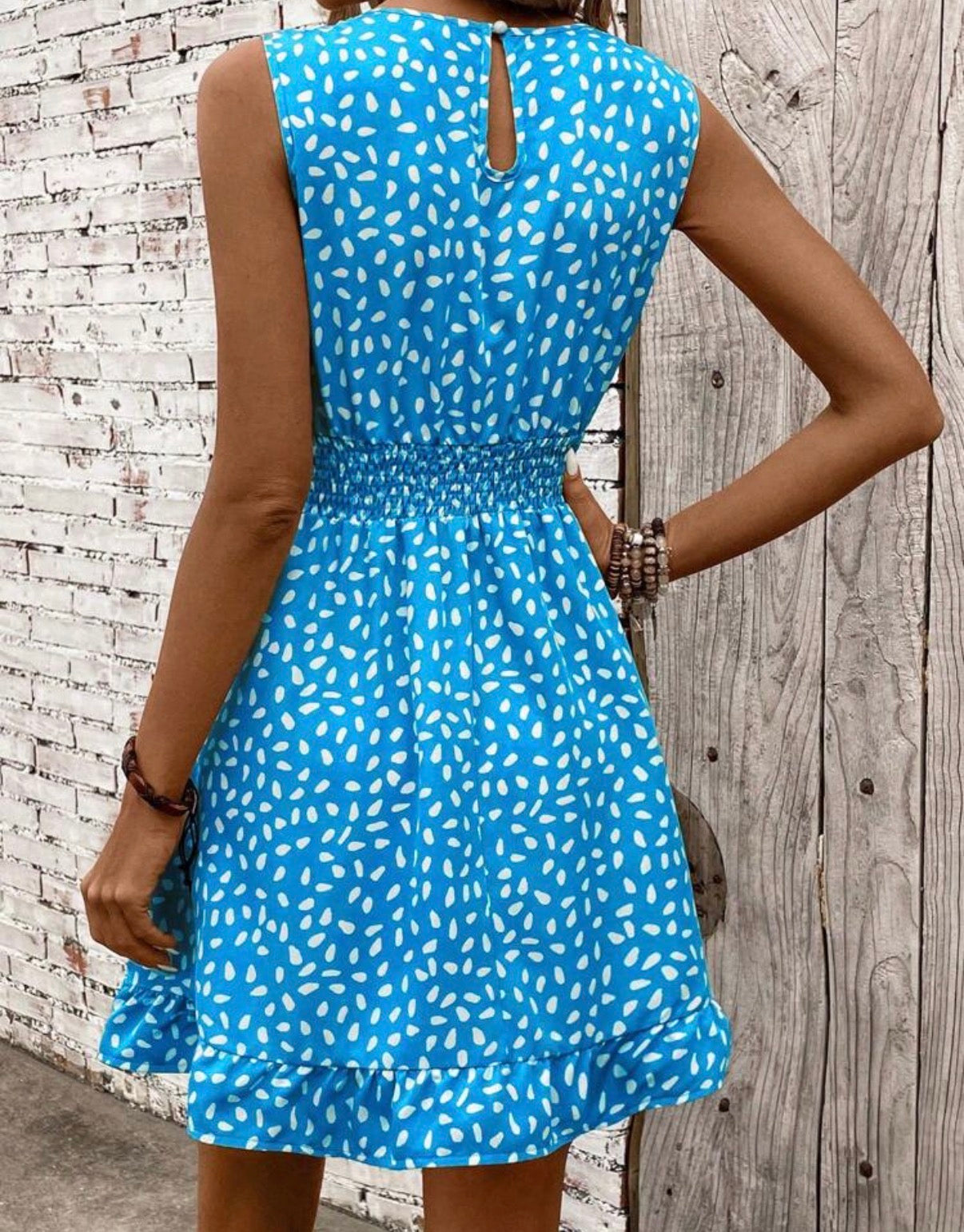 Blue-Smocked-Waist-Sleeveless-Mini-Dress-back