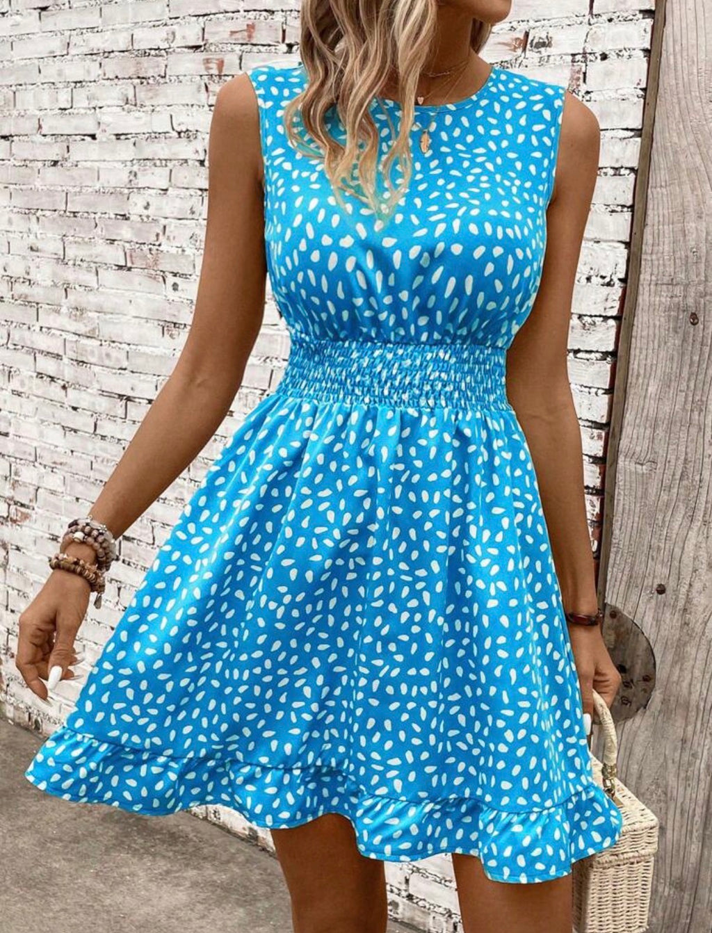 Blue-Smocked-Waist-Sleeveless-Mini-Dress-front2