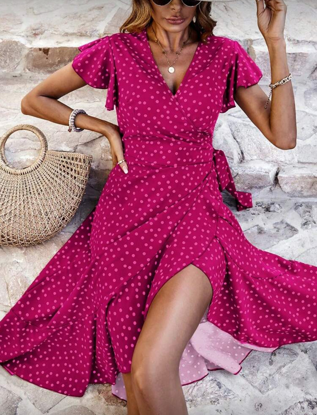 Butterfly-Sleeve-Pink-Polka-Dot-Dress-front
