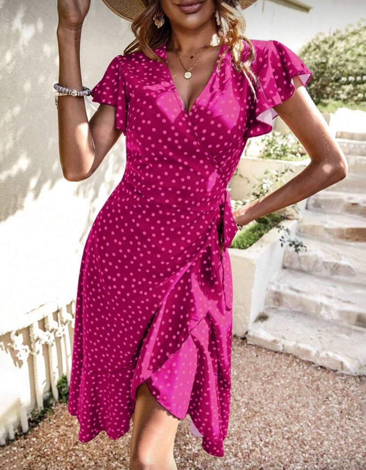 Butterfly-Sleeve-Pink-Polka-Dot-Dress-front2